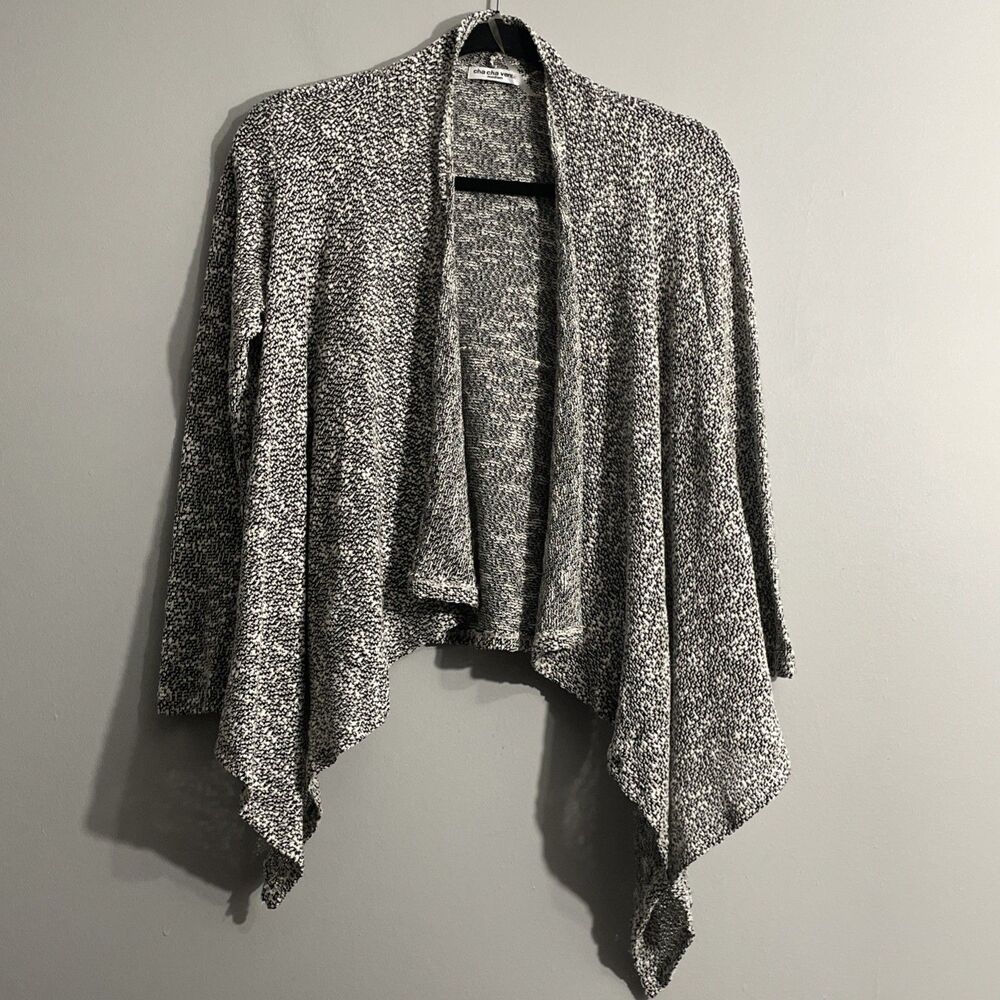 Cha Cha Vente Open Front Cardigan Size M Black White Geometric Boho Lightweight